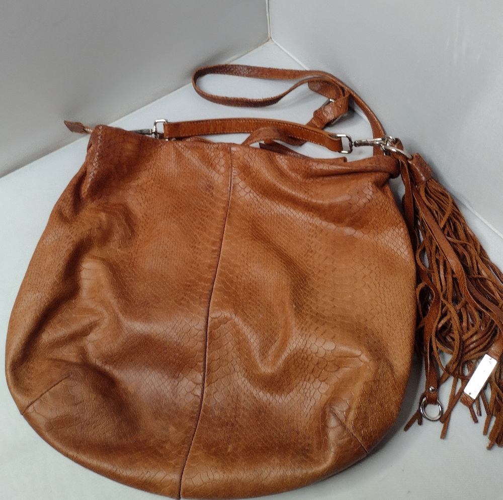 Gianni Chiarini Snake Snakeskin Embossed Leather Shoulder Bag Fringe Slouch MM